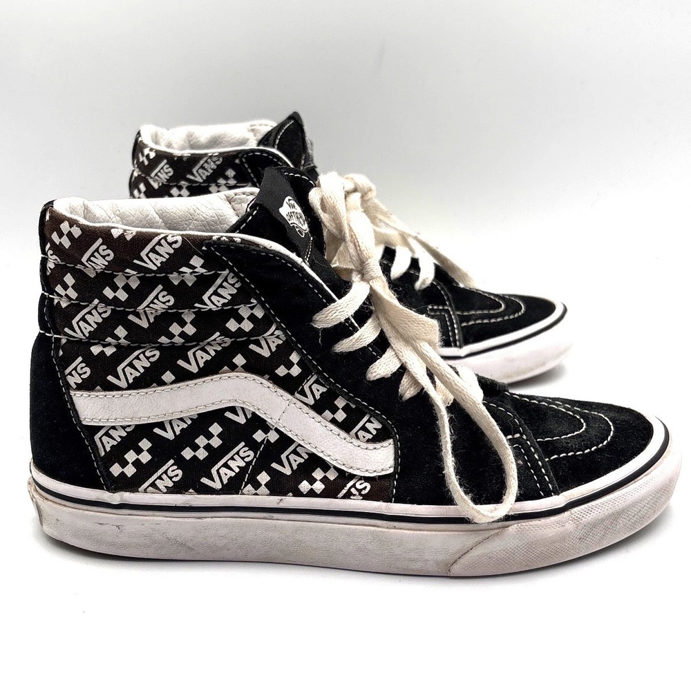 Vans Sk8-Hi Logo Checkerboard High Top‎ Sneakers Black White Mens 5.5 Womens 7